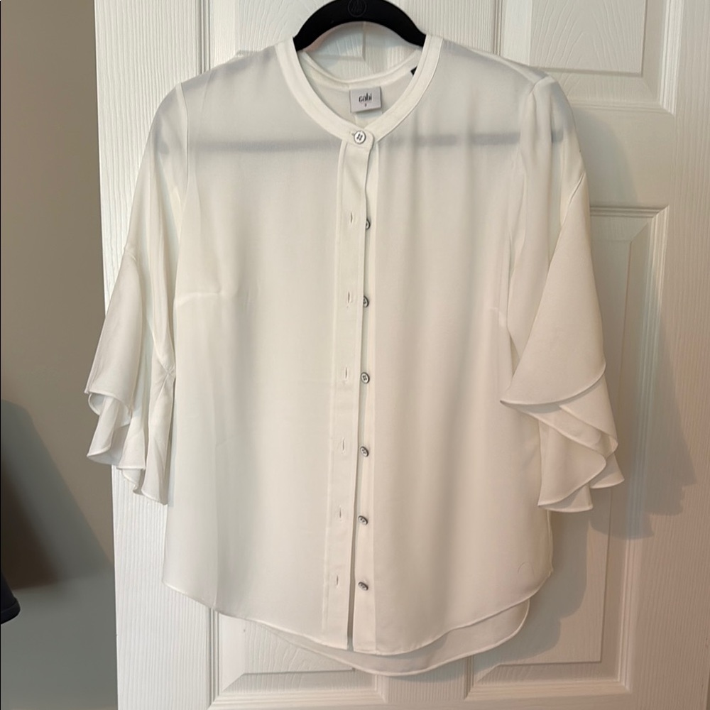 CAbi White Ruffle Sleeve Blouse